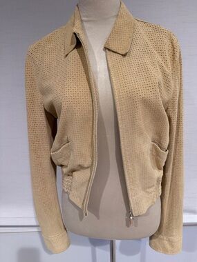 ARMANI COLLEZIONI  Beige perforated  Suede Zip Jacket Italian Luxury SIZE 8